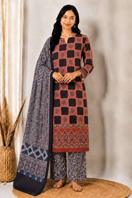 Ajrakh Cotton Natural Dye Three Colour Print | 3 Kam | Hand Block Print Dress Material with 44 Inch wide Dupatta - 2.5 Mt Top   -  SKU : AI03701S