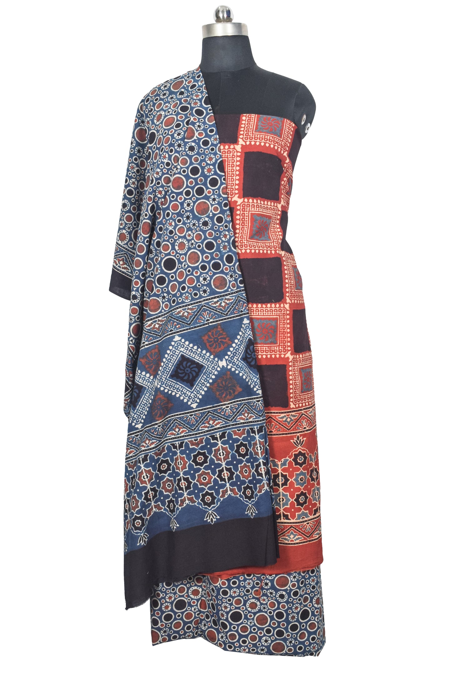 Ajrakh Cotton Natural Dye Three Colour Print | 3 Kam | Hand Block Print Dress Material with 44 Inch wide Dupatta - 2.5 Mt Top   -  SKU : AI03701S