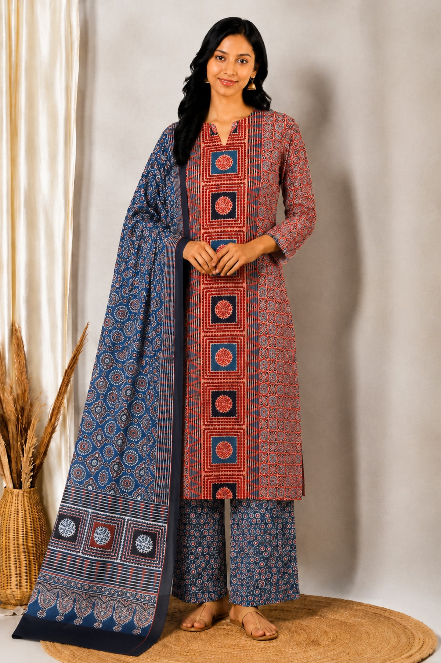 Ajrakh Cotton Natural Dye Three Colour Print | 3 Kam | Hand Block Print Dress Material with 44 Inch wide Dupatta - 2.5 Mt Top   -  SKU : AI03701T