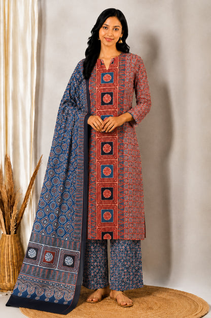 Ajrakh Cotton Natural Dye Three Colour Print | 3 Kam | Hand Block Print Dress Material with 44 Inch wide Dupatta - 2.5 Mt Top   -  SKU : AI03701T