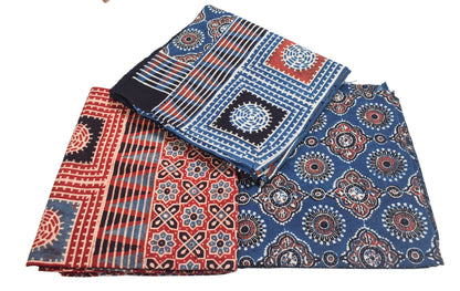 Ajrakh Cotton Natural Dye Three Colour Print | 3 Kam | Hand Block Print Dress Material with 44 Inch wide Dupatta - 2.5 Mt Top   -  SKU : AI03701T
