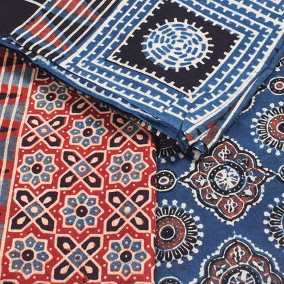 Ajrakh Cotton Natural Dye Three Colour Print | 3 Kam | Hand Block Print Dress Material with 44 Inch wide Dupatta - 2.5 Mt Top   -  SKU : AI03701T