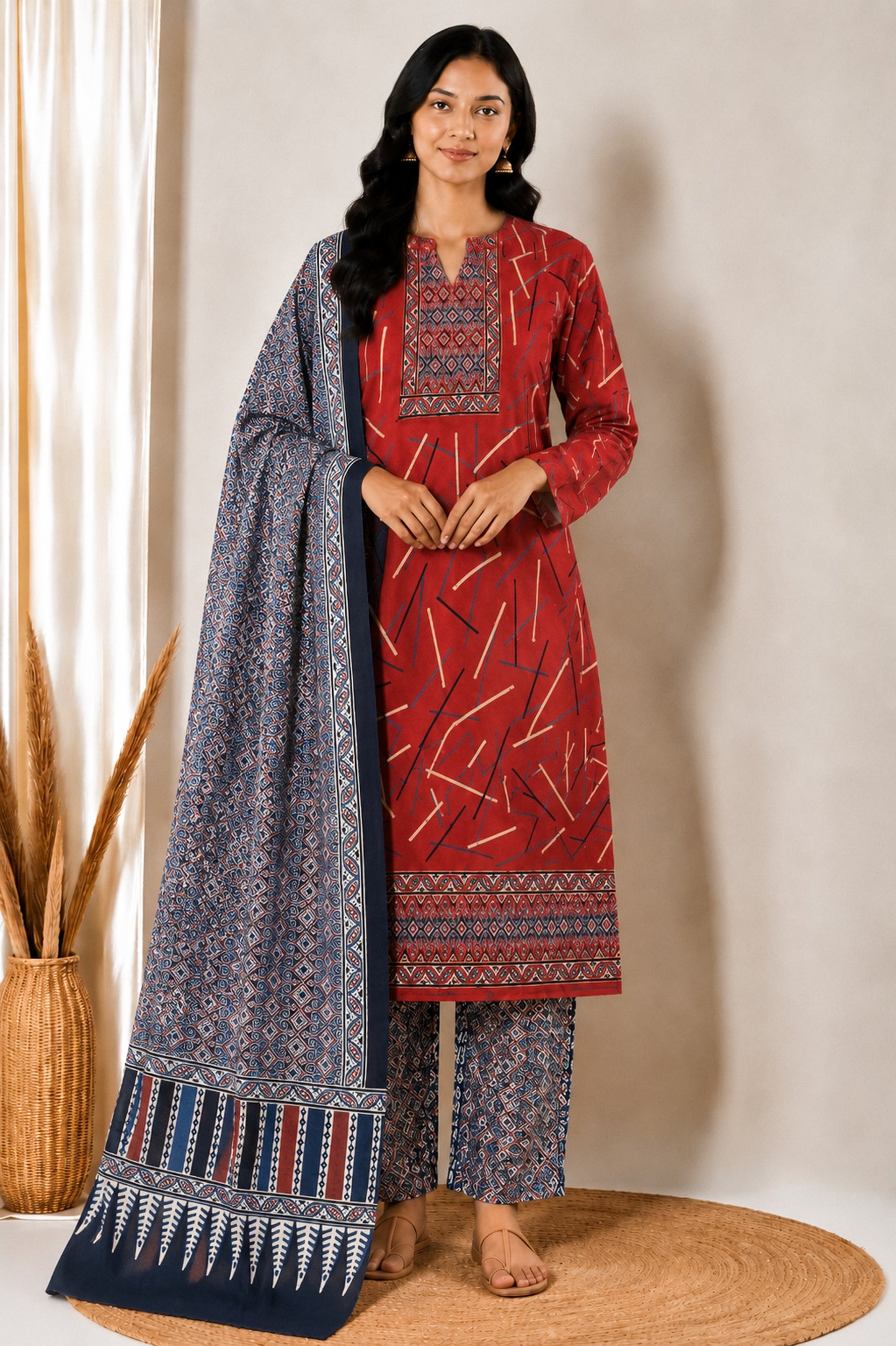 Ajrakh Cotton Natural Dye Three Colour Print | 3 Kam | Hand Block Print Dress Material with 44 Inch wide Dupatta - 2.5 Mt Top   -  SKU : AI03701U