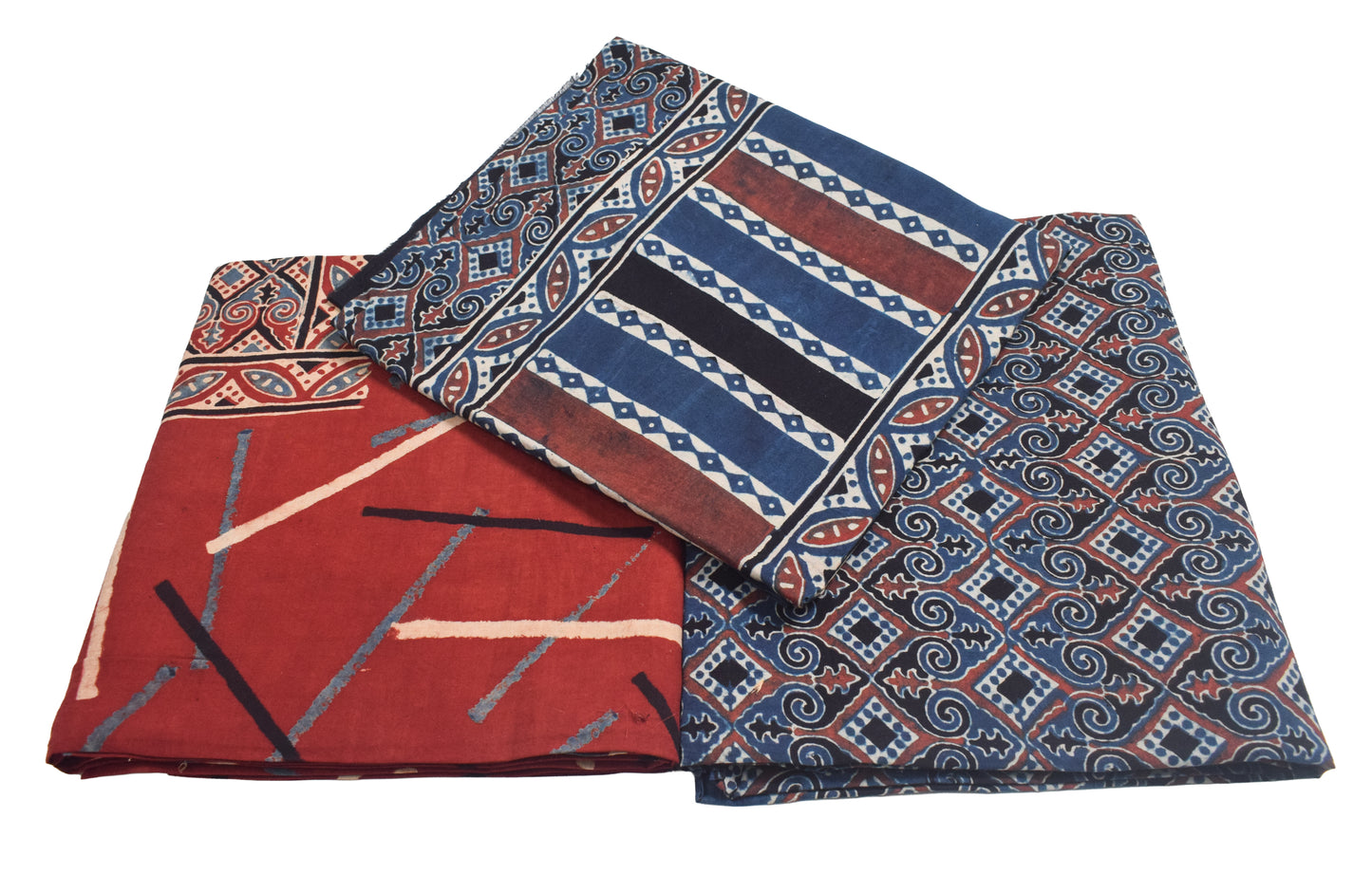 Ajrakh Cotton Natural Dye Three Colour Print | 3 Kam | Hand Block Print Dress Material with 44 Inch wide Dupatta - 2.5 Mt Top   -  SKU : AI03701U