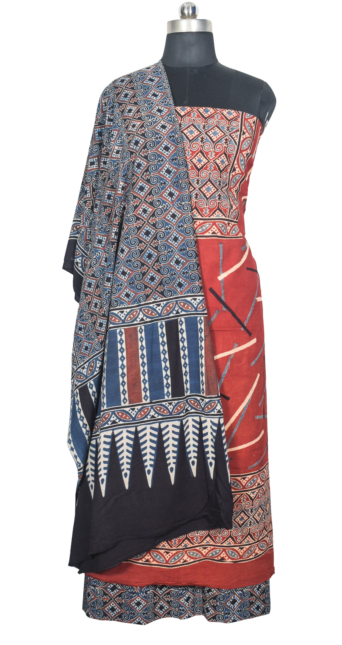 Ajrakh Cotton Natural Dye Three Colour Print | 3 Kam | Hand Block Print Dress Material with 44 Inch wide Dupatta - 2.5 Mt Top   -  SKU : AI03701U