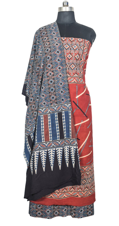Ajrakh Cotton Natural Dye Three Colour Print | 3 Kam | Hand Block Print Dress Material with 44 Inch wide Dupatta - 2.5 Mt Top   -  SKU : AI03701U