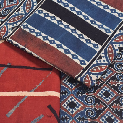 Ajrakh Cotton Natural Dye Three Colour Print | 3 Kam | Hand Block Print Dress Material with 44 Inch wide Dupatta - 2.5 Mt Top   -  SKU : AI03701U