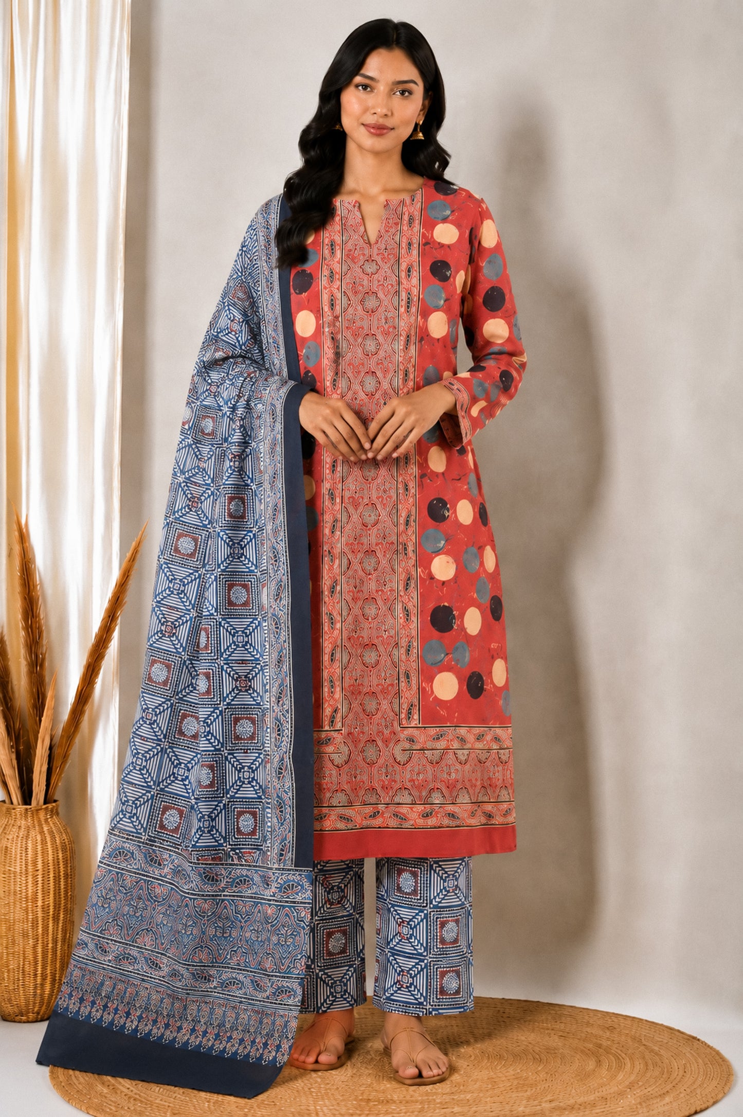 Ajrakh Cotton Natural Dye Three Colour Print | 3 Kam | Hand Block Print Dress Material with 44 Inch wide Dupatta - 2.5 Mt Top   -  SKU : AI03701V