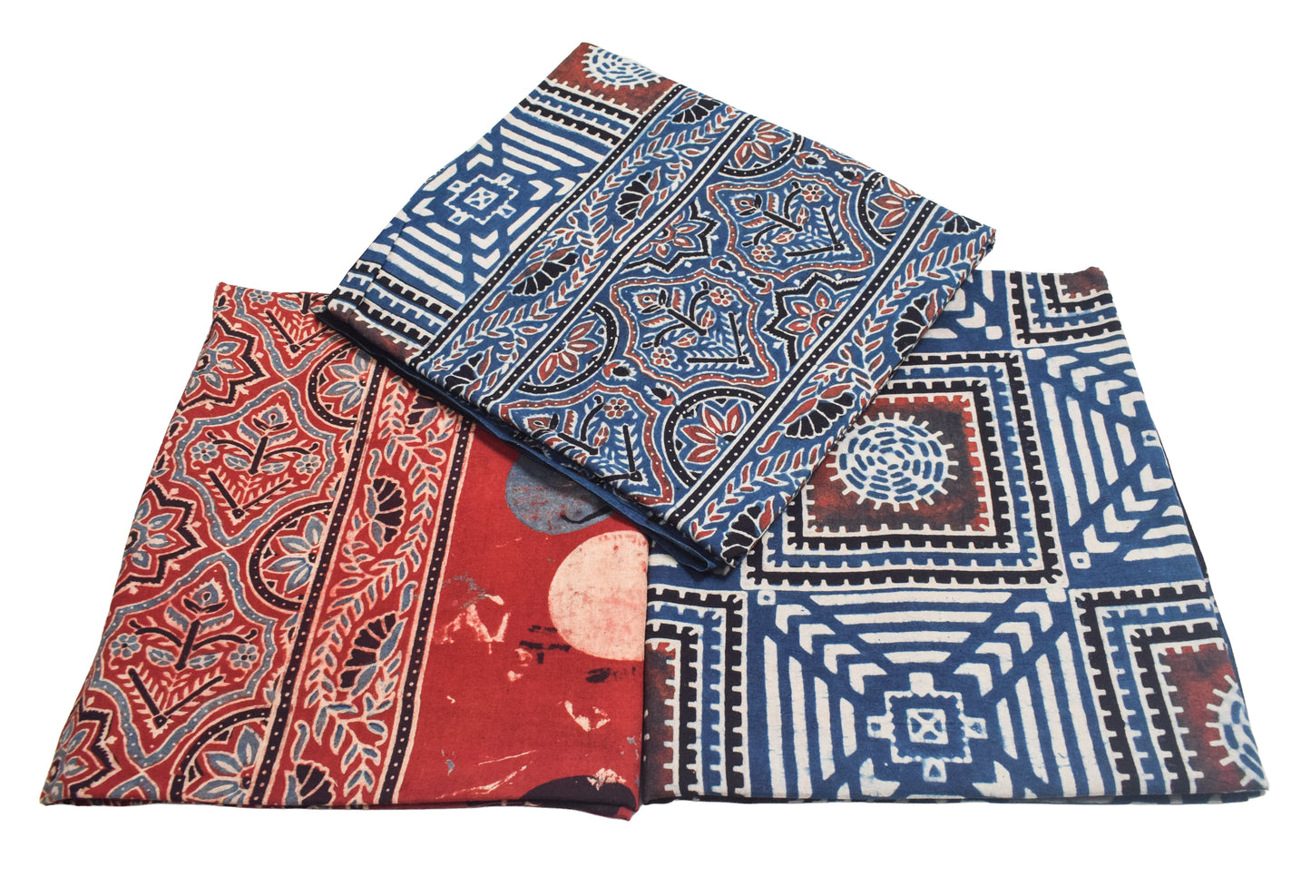 Ajrakh Cotton Natural Dye Three Colour Print | 3 Kam | Hand Block Print Dress Material with 44 Inch wide Dupatta - 2.5 Mt Top   -  SKU : AI03701V