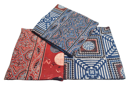 Ajrakh Cotton Natural Dye Three Colour Print | 3 Kam | Hand Block Print Dress Material with 44 Inch wide Dupatta - 2.5 Mt Top   -  SKU : AI03701V