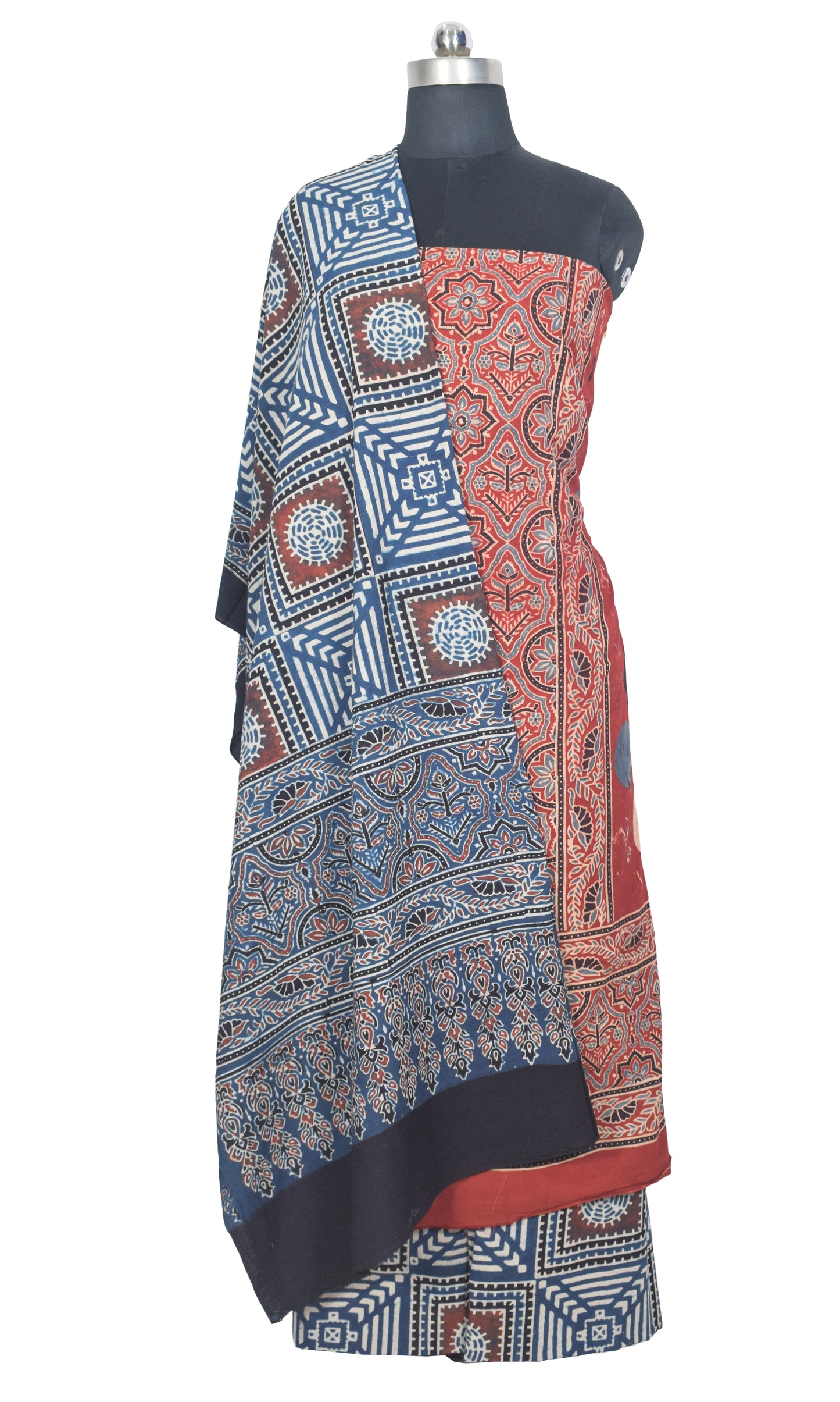 Ajrakh Cotton Natural Dye Three Colour Print | 3 Kam | Hand Block Print Dress Material with 44 Inch wide Dupatta - 2.5 Mt Top   -  SKU : AI03701V