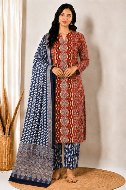 Ajrakh Cotton Natural Dye Three Colour Print | 3 Kam | Hand Block Print Dress Material with 44 Inch wide Dupatta - 2.5 Mt Top   -  SKU : AI03701X
