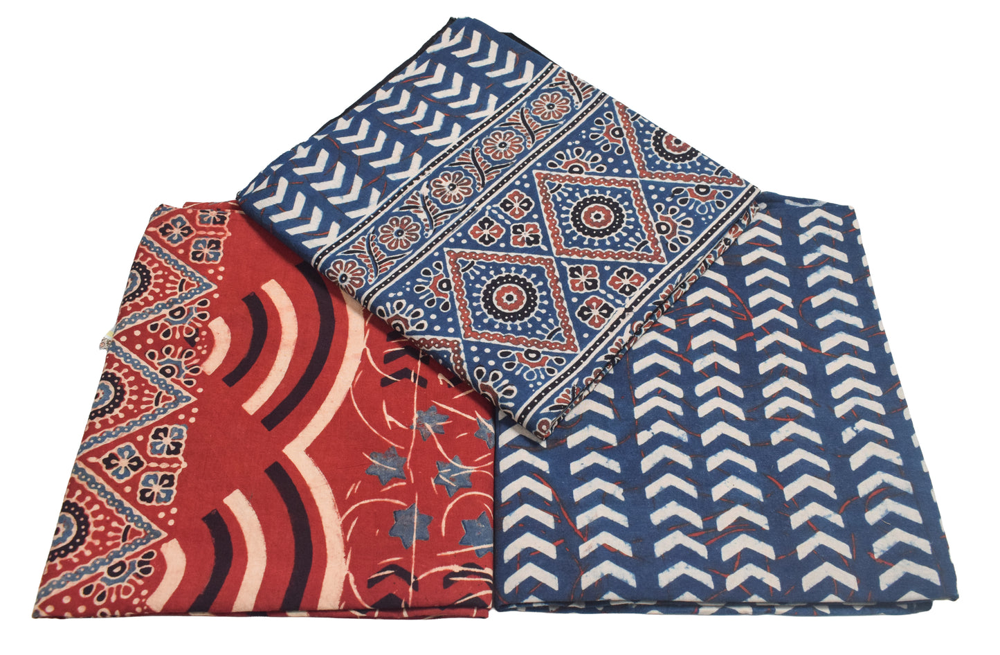 Ajrakh Cotton Natural Dye Three Colour Print | 3 Kam | Hand Block Print Dress Material with 44 Inch wide Dupatta - 2.5 Mt Top   -  SKU : AI03701X