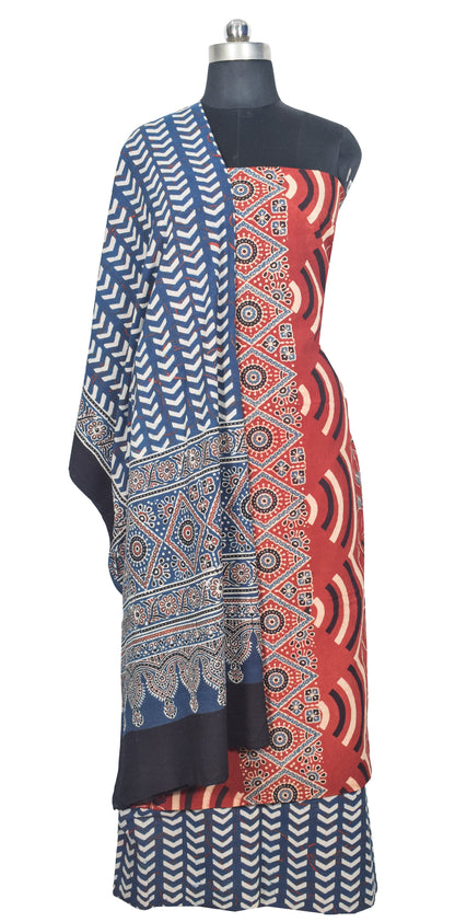 Ajrakh Cotton Natural Dye Three Colour Print | 3 Kam | Hand Block Print Dress Material with 44 Inch wide Dupatta - 2.5 Mt Top   -  SKU : AI03701X