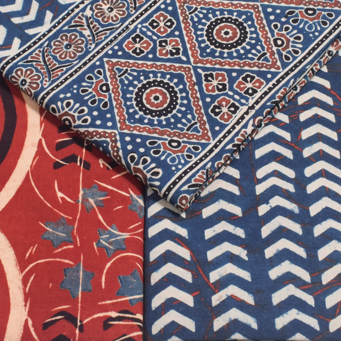 Ajrakh Cotton Natural Dye Three Colour Print | 3 Kam | Hand Block Print Dress Material with 44 Inch wide Dupatta - 2.5 Mt Top   -  SKU : AI03701X