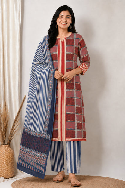 Ajrakh Cotton Natural Dye Three Colour Print | 3 Kam | Hand Block Print Dress Material with 44 Inch wide Dupatta - 2.5 Mt Top   -  SKU : AI03701W
