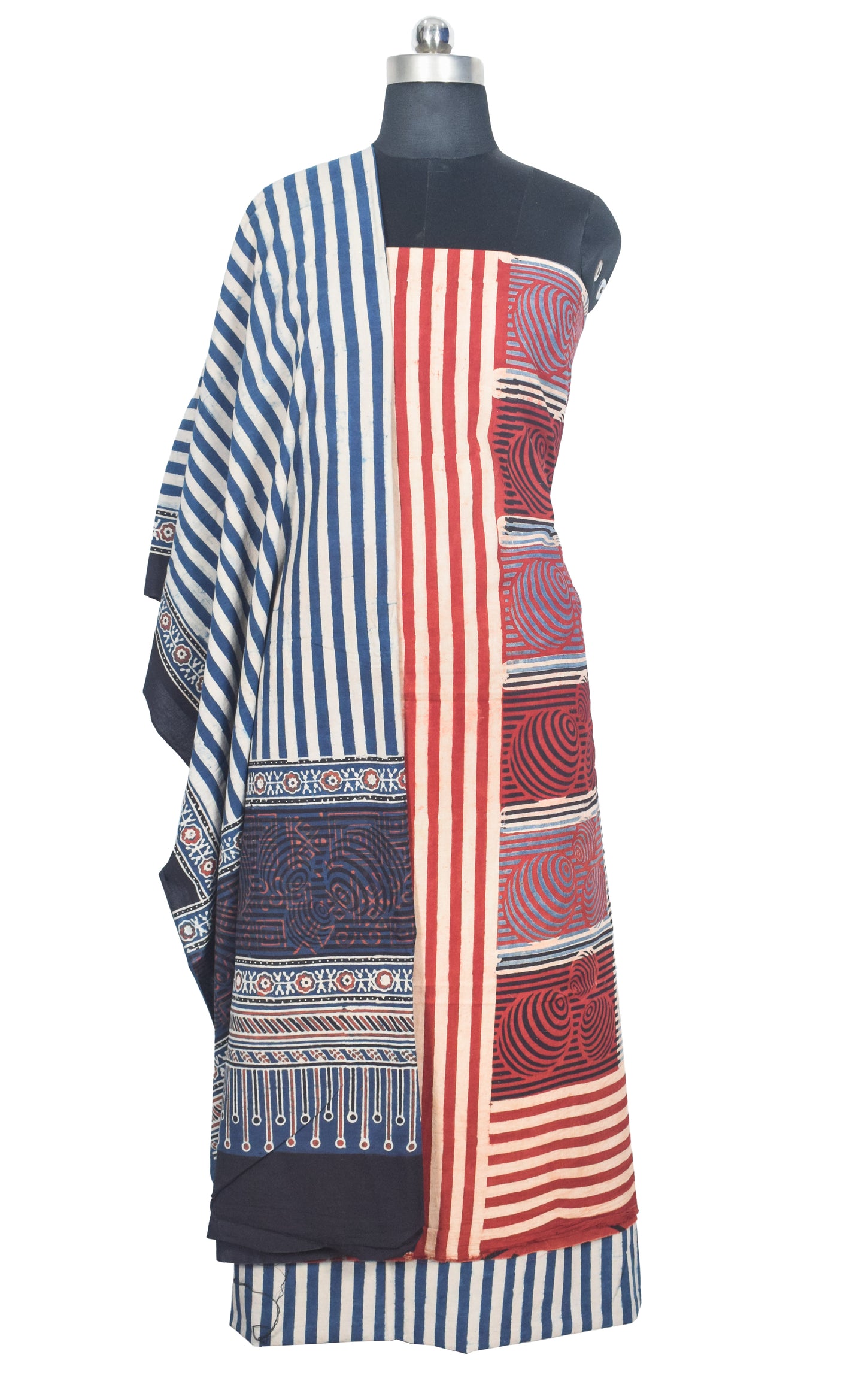 Ajrakh Cotton Natural Dye Three Colour Print | 3 Kam | Hand Block Print Dress Material with 44 Inch wide Dupatta - 2.5 Mt Top   -  SKU : AI03701W