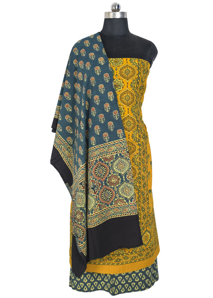 Ajrakh Cotton Natural Dye Three Colour Full Printed Hand Block Print Dress Material with 44 Inch wide Dupatta - 2.5 Mt Top    -  SKU : AI03501E