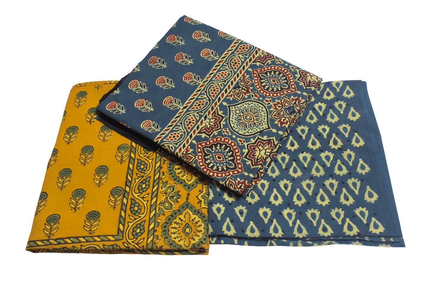 Ajrakh Cotton Natural Dye Three Colour Full Printed Hand Block Print Dress Material with 44 Inch wide Dupatta - 2.5 Mt Top    -  SKU : AI03501E