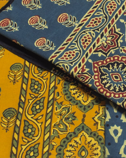 Ajrakh Cotton Natural Dye Three Colour Full Printed Hand Block Print Dress Material with 44 Inch wide Dupatta - 2.5 Mt Top    -  SKU : AI03501E