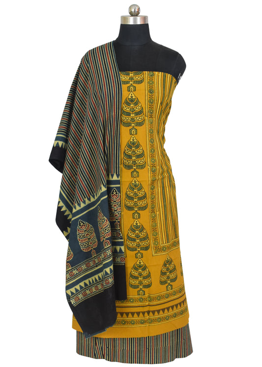 Ajrakh Cotton Natural Dye Three Colour Full Printed Hand Block Print Dress Material with 44 Inch wide Dupatta - 2.5 Mt Top    -  SKU : AI03501K