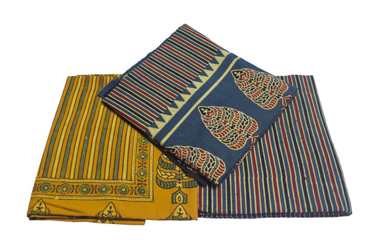 Ajrakh Cotton Natural Dye Three Colour Full Printed Hand Block Print Dress Material with 44 Inch wide Dupatta - 2.5 Mt Top    -  SKU : AI03501K