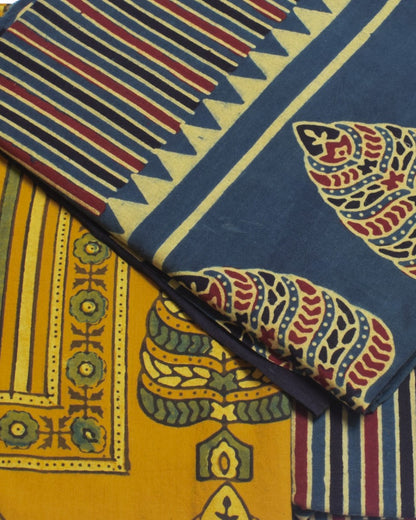 Ajrakh Cotton Natural Dye Three Colour Full Printed Hand Block Print Dress Material with 44 Inch wide Dupatta - 2.5 Mt Top    -  SKU : AI03501K