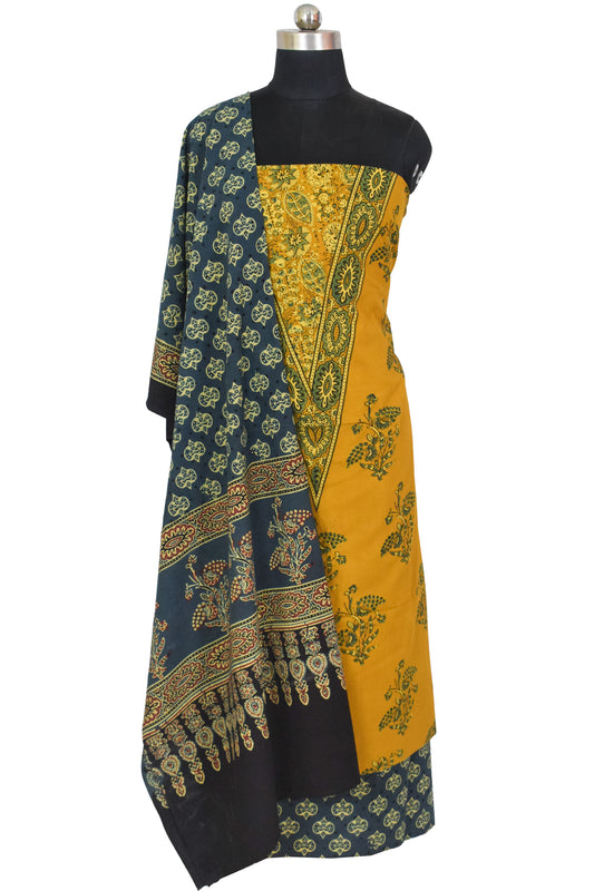 Ajrakh Cotton Natural Dye Three Colour Full Printed Hand Block Print Dress Material with 44 Inch wide Dupatta - 2.5 Mt Top    -  SKU : AI03501W