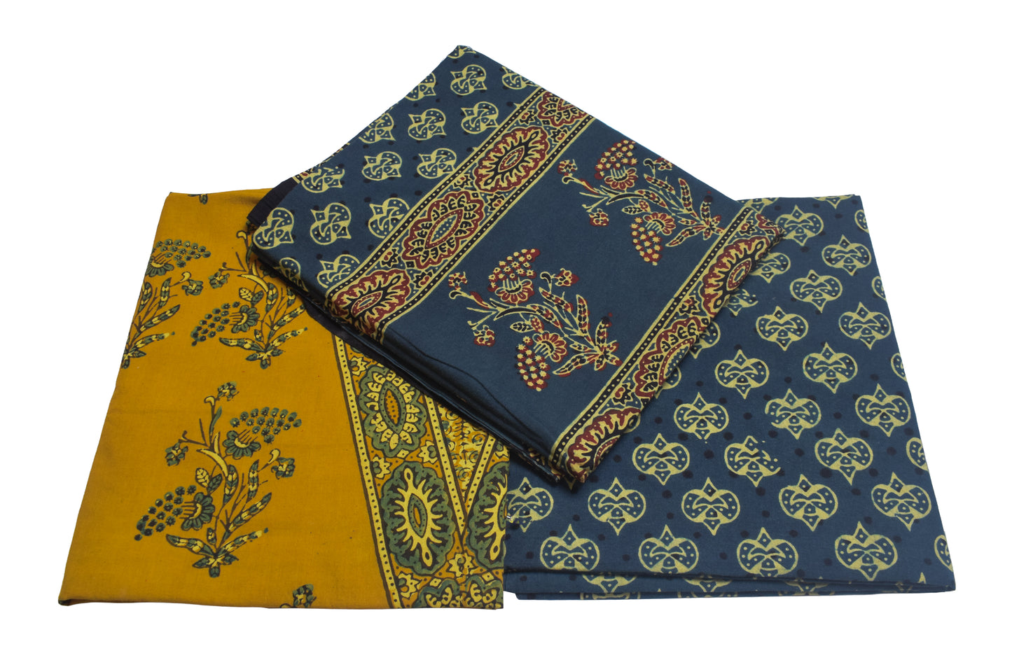 Ajrakh Cotton Natural Dye Three Colour Full Printed Hand Block Print Dress Material with 44 Inch wide Dupatta - 2.5 Mt Top    -  SKU : AI03501W