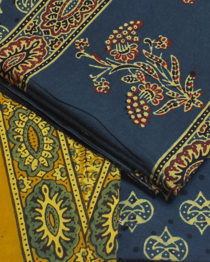 Ajrakh Cotton Natural Dye Three Colour Full Printed Hand Block Print Dress Material with 44 Inch wide Dupatta - 2.5 Mt Top    -  SKU : AI03501W