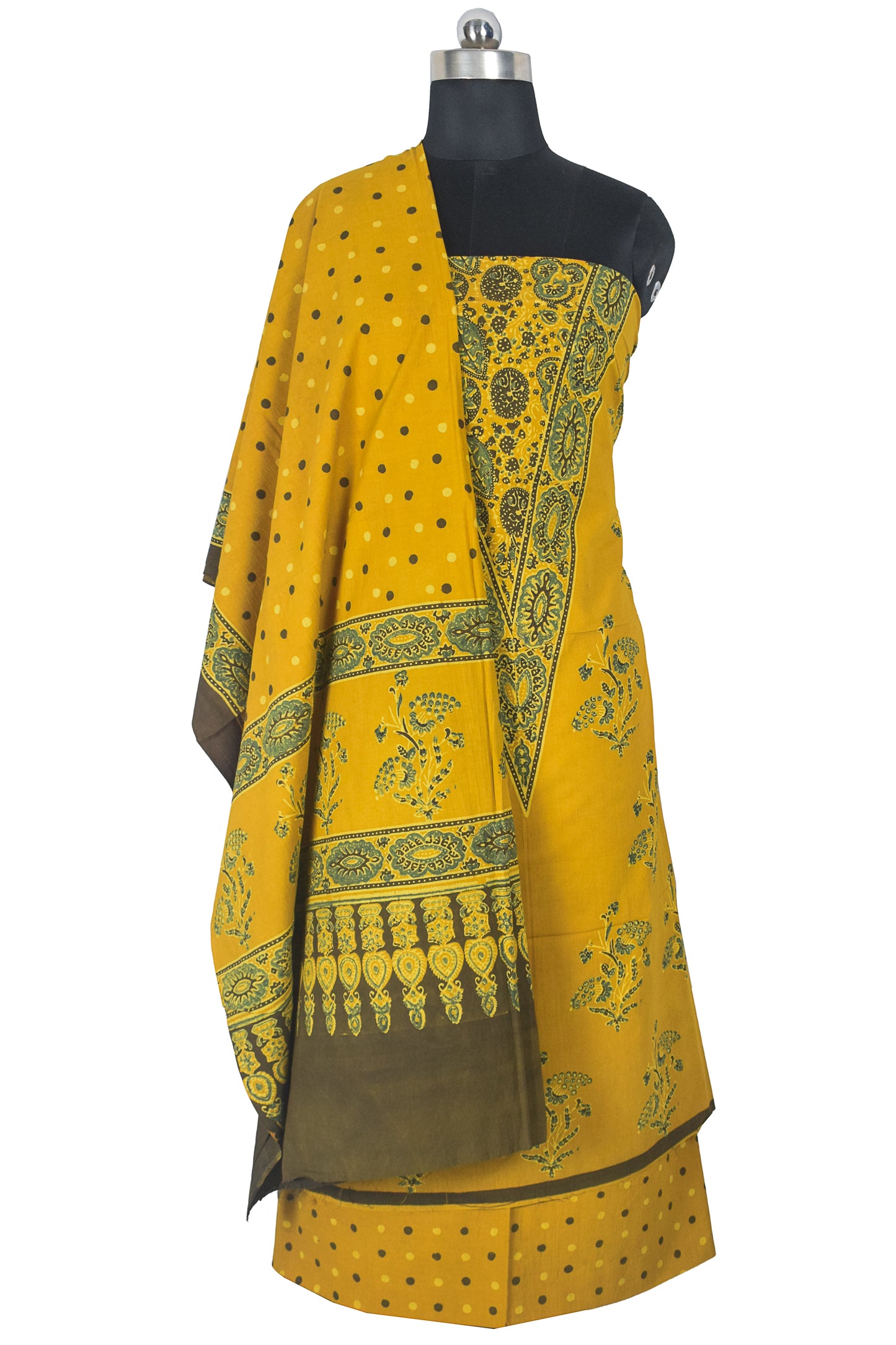 Ajrakh Cotton Natural Dye Three Colour Full Printed Hand Block Print Dress Material with 44 Inch wide Dupatta - 2.5 Mt Top    -  SKU : ID26501G