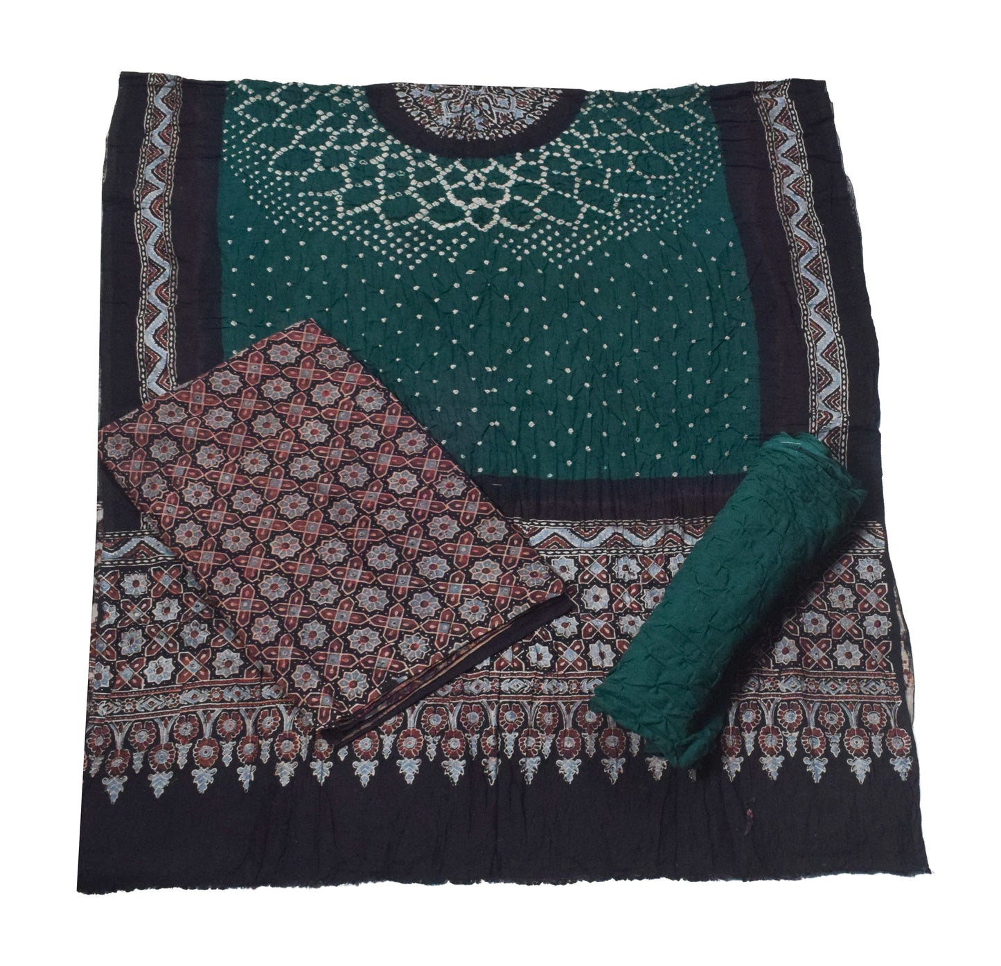 Ajrakh Satin Cotton Part Natural Dye Hand Block Print Dress Material with Bandhej Bottom and Dupatta - 2.5 Mt Top    -  SKU : MS24A01R