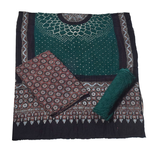 Ajrakh Satin Cotton Part Natural Dye Hand Block Print Dress Material with Bandhej Bottom and Dupatta - 2.5 Mt Top    -  SKU : MS24A01R