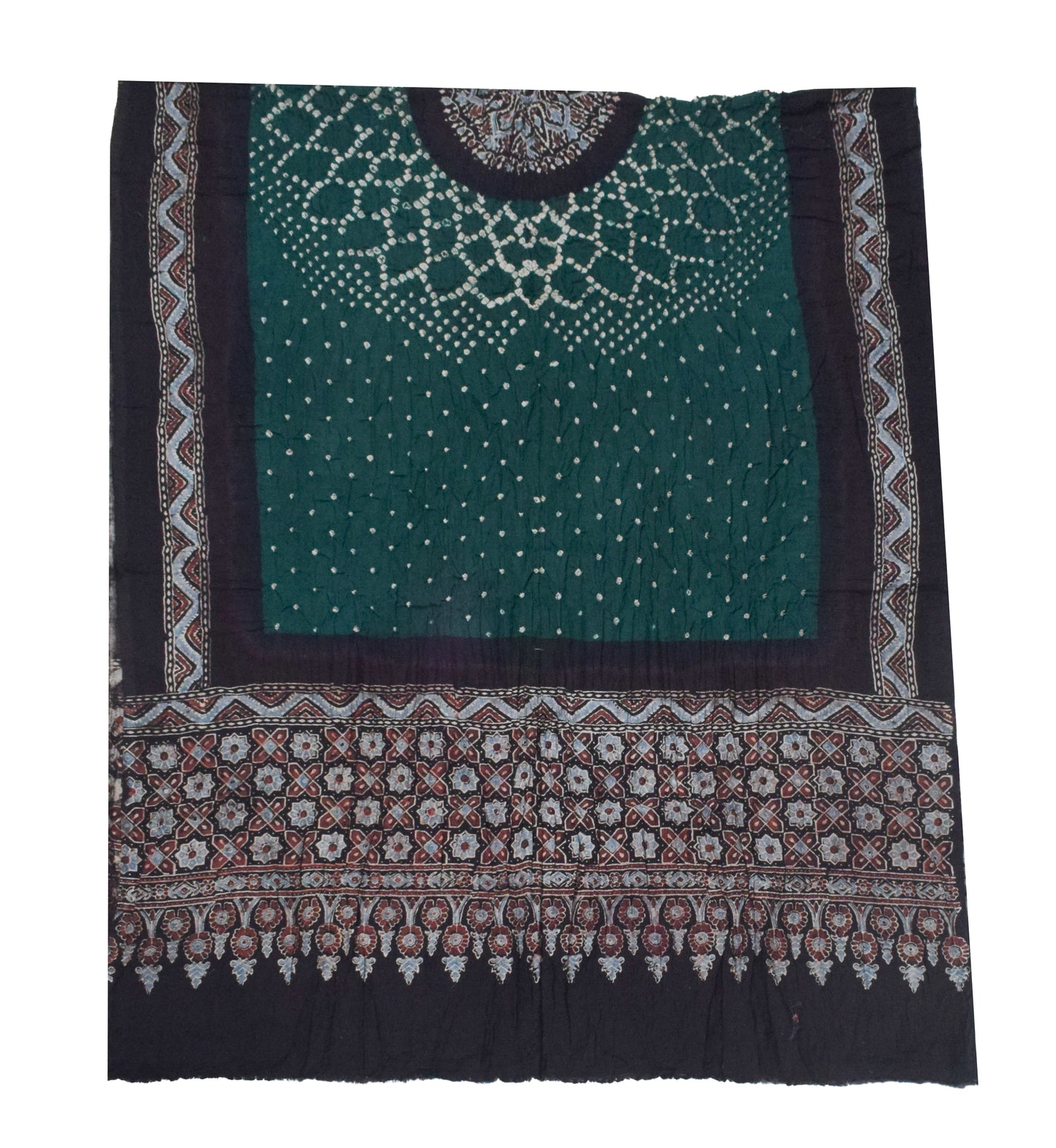 Ajrakh Satin Cotton Part Natural Dye Hand Block Print Dress Material with Bandhej Bottom and Dupatta - 2.5 Mt Top    -  SKU : MS24A01R