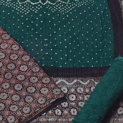 Ajrakh Satin Cotton Part Natural Dye Hand Block Print Dress Material with Bandhej Bottom and Dupatta - 2.5 Mt Top    -  SKU : MS24A01R