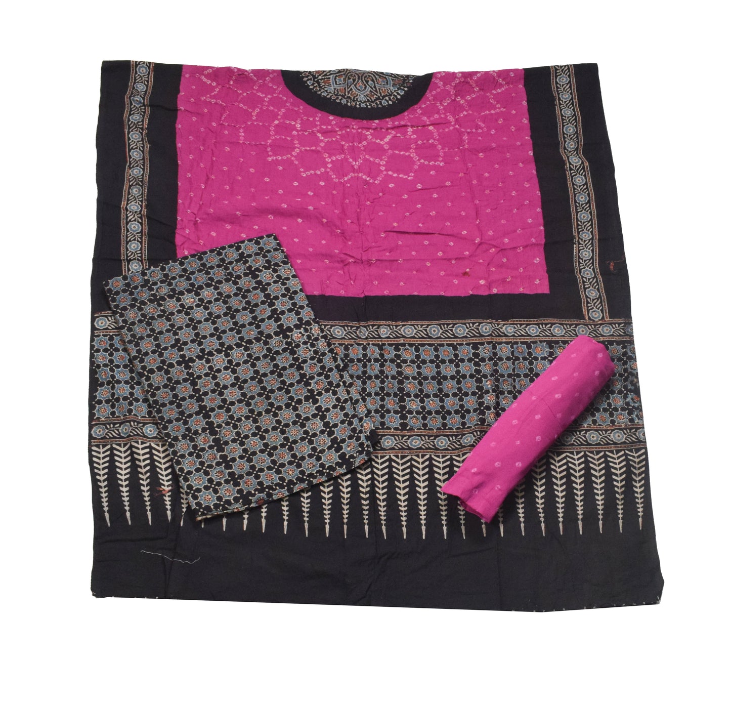 Ajrakh Satin Cotton Part Natural Dye Hand Block Print Dress Material with Bandhej Bottom and Dupatta - 2.5 Mt Top    -  SKU : MS17401G