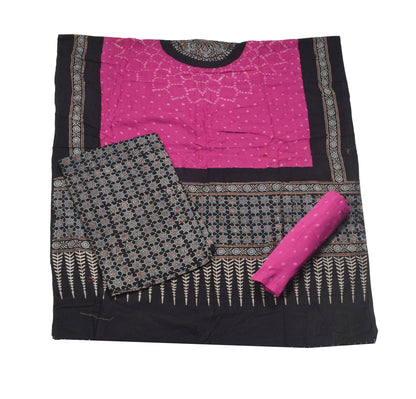 Ajrakh Satin Cotton Part Natural Dye Hand Block Print Dress Material with Bandhej Bottom and Dupatta - 2.5 Mt Top    -  SKU : MS17401G