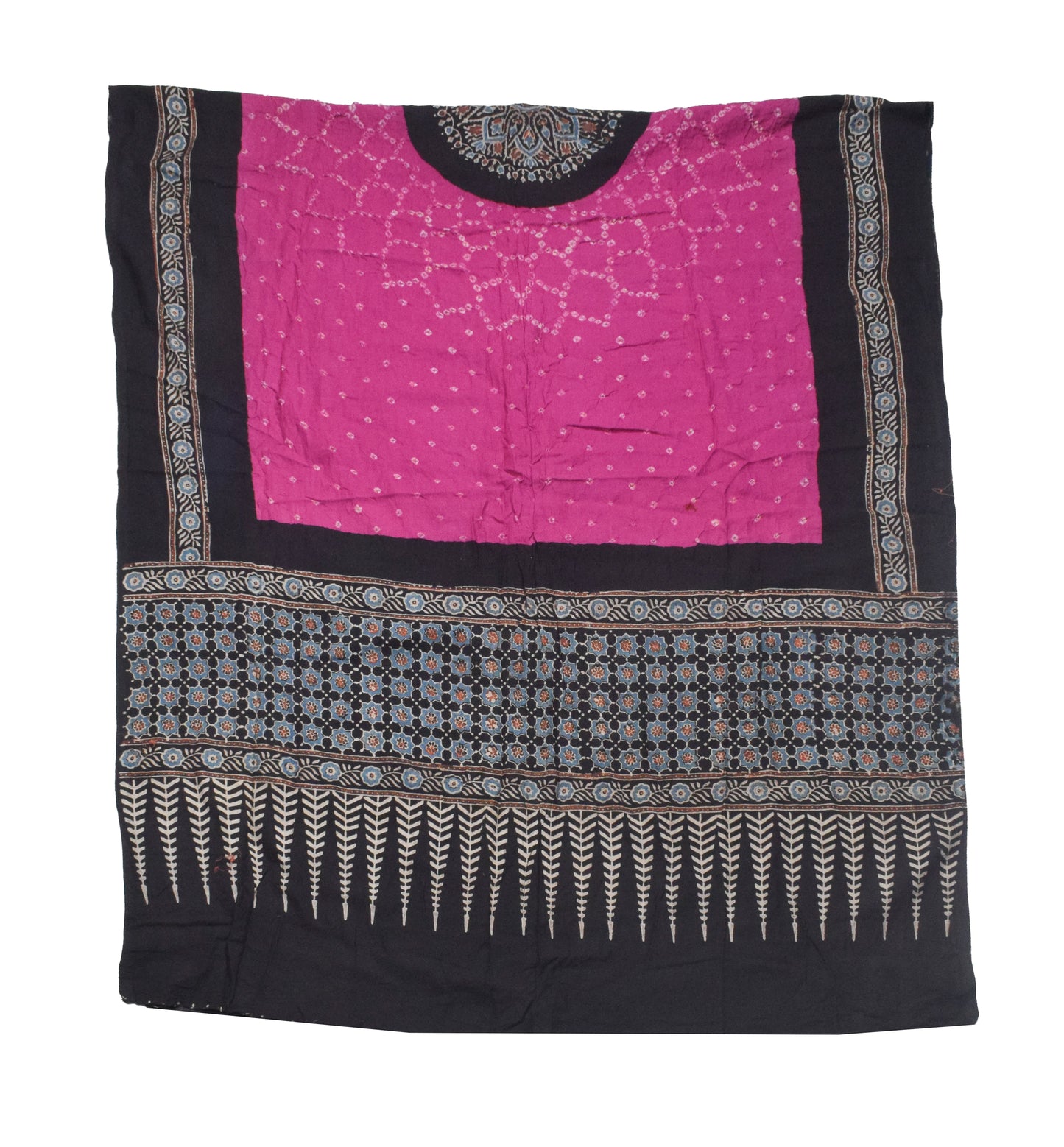 Ajrakh Satin Cotton Part Natural Dye Hand Block Print Dress Material with Bandhej Bottom and Dupatta - 2.5 Mt Top    -  SKU : MS17401G