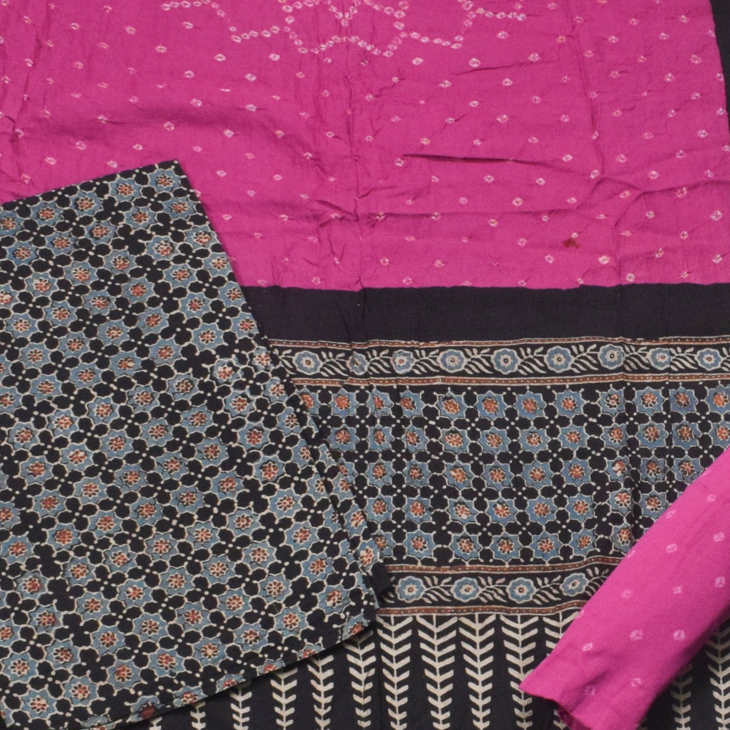 Ajrakh Satin Cotton Part Natural Dye Hand Block Print Dress Material with Bandhej Bottom and Dupatta - 2.5 Mt Top    -  SKU : MS17401G