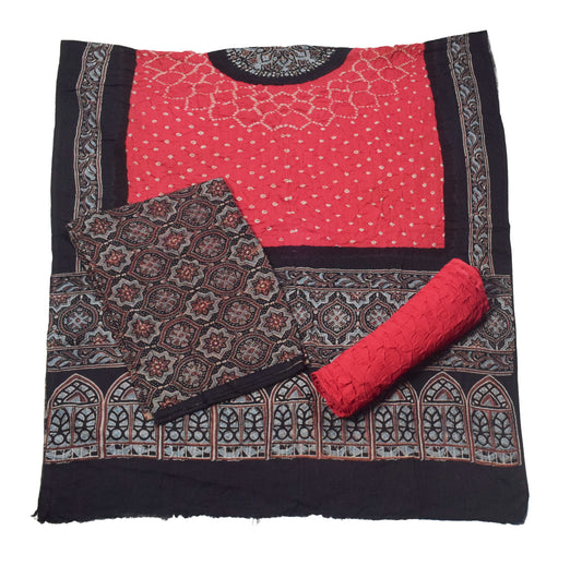 Ajrakh Satin Cotton Part Natural Dye Hand Block Print Dress Material with Bandhej Bottom and Dupatta - 2.5 Mt Top    -  SKU : MS24A01O