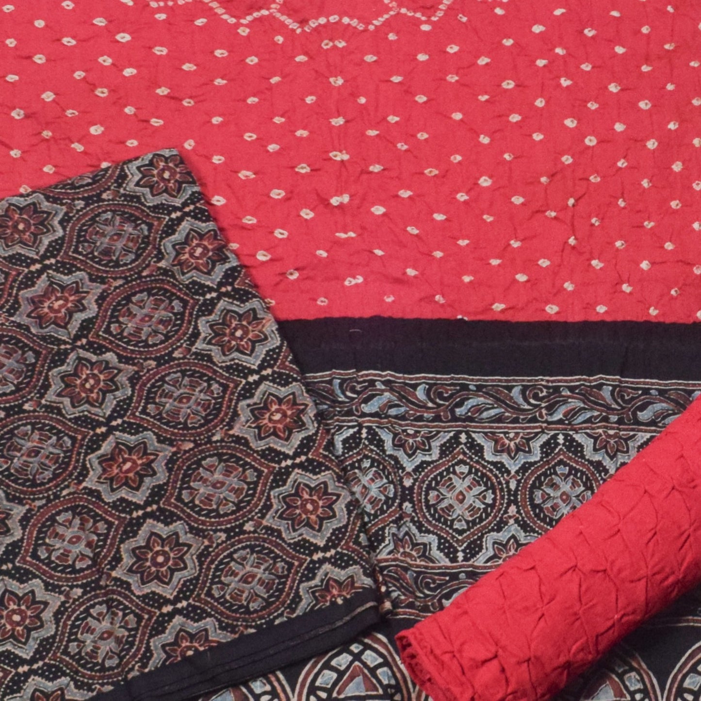 Ajrakh Satin Cotton Part Natural Dye Hand Block Print Dress Material with Bandhej Bottom and Dupatta - 2.5 Mt Top    -  SKU : MS24A01O