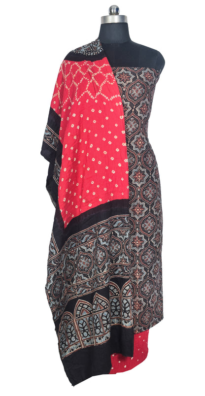 Ajrakh Satin Cotton Part Natural Dye Hand Block Print Dress Material with Bandhej Bottom and Dupatta - 2.5 Mt Top    -  SKU : MS24A01O