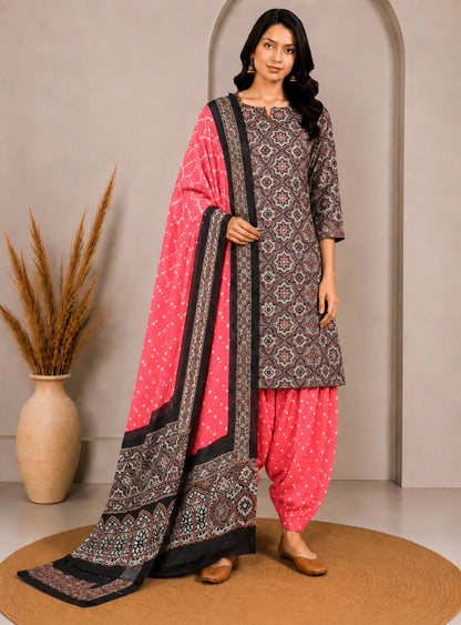 Ajrakh Satin Cotton Part Natural Dye Hand Block Print Dress Material with Bandhej Bottom and Dupatta - 2.5 Mt Top    -  SKU : MS24A01O