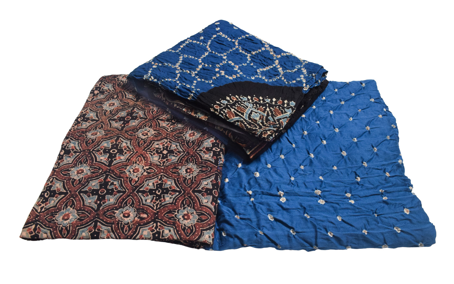 Ajrakh Satin Cotton Part Natural Dye Hand Block Print Dress Material with Bandhej Bottom and Dupatta - 2.5 Mt Top    -  SKU : MS24A01C