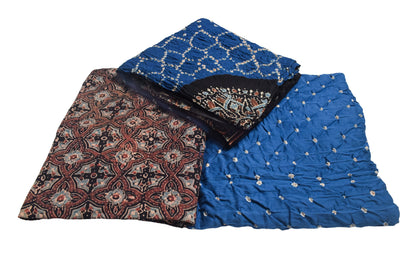 Ajrakh Satin Cotton Part Natural Dye Hand Block Print Dress Material with Bandhej Bottom and Dupatta - 2.5 Mt Top    -  SKU : MS24A01C