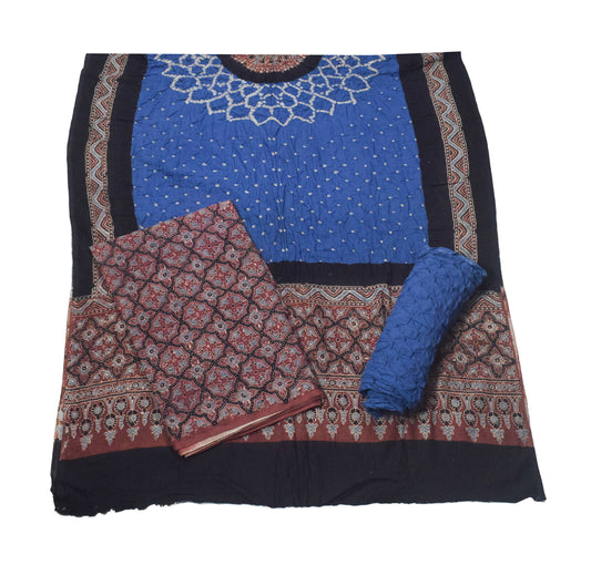 Ajrakh Satin Cotton Part Natural Dye Hand Block Print Dress Material with Bandhej Bottom and Dupatta - 2.5 Mt Top    -  SKU : MS24A01C
