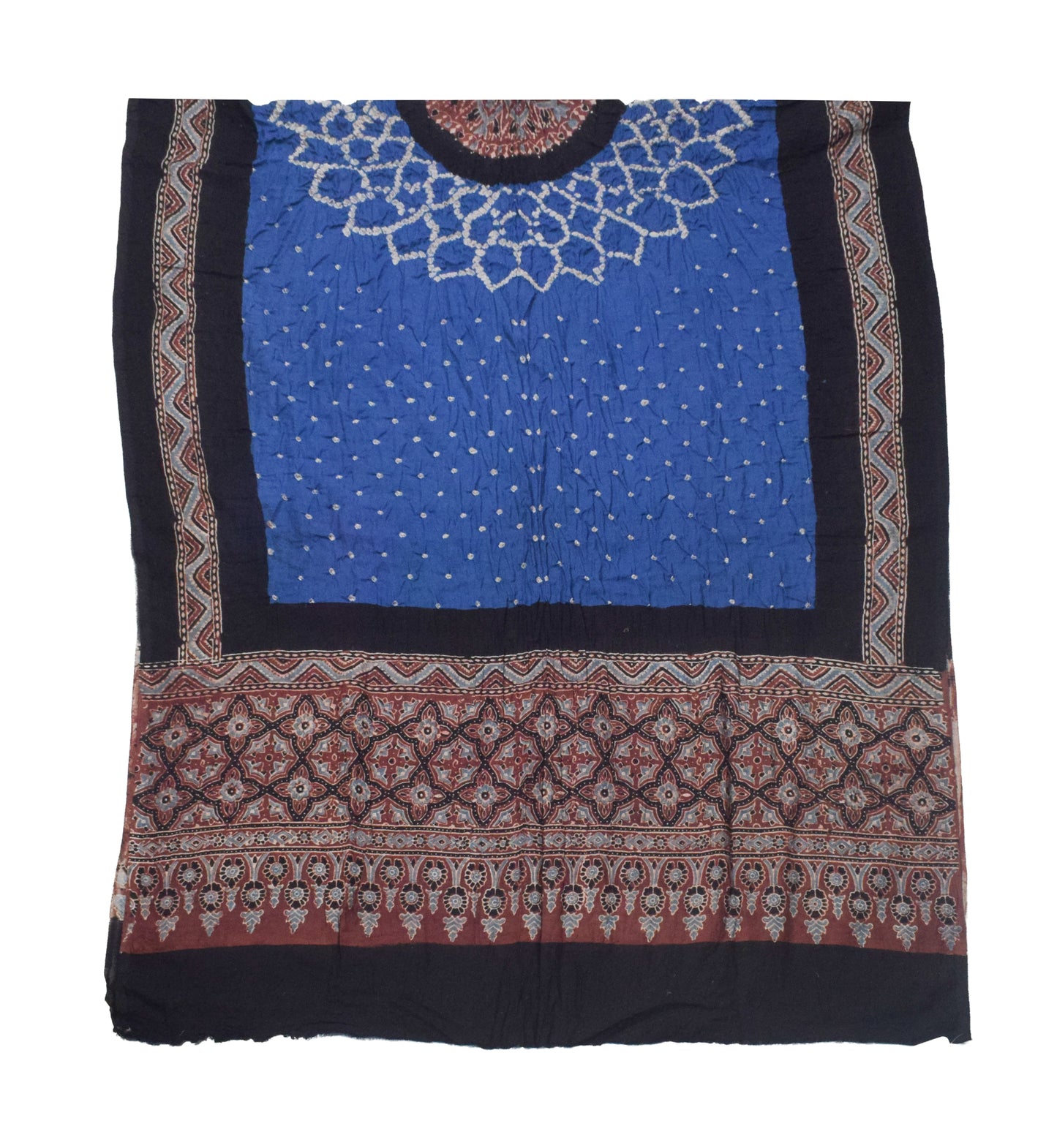 Ajrakh Satin Cotton Part Natural Dye Hand Block Print Dress Material with Bandhej Bottom and Dupatta - 2.5 Mt Top    -  SKU : MS24A01C