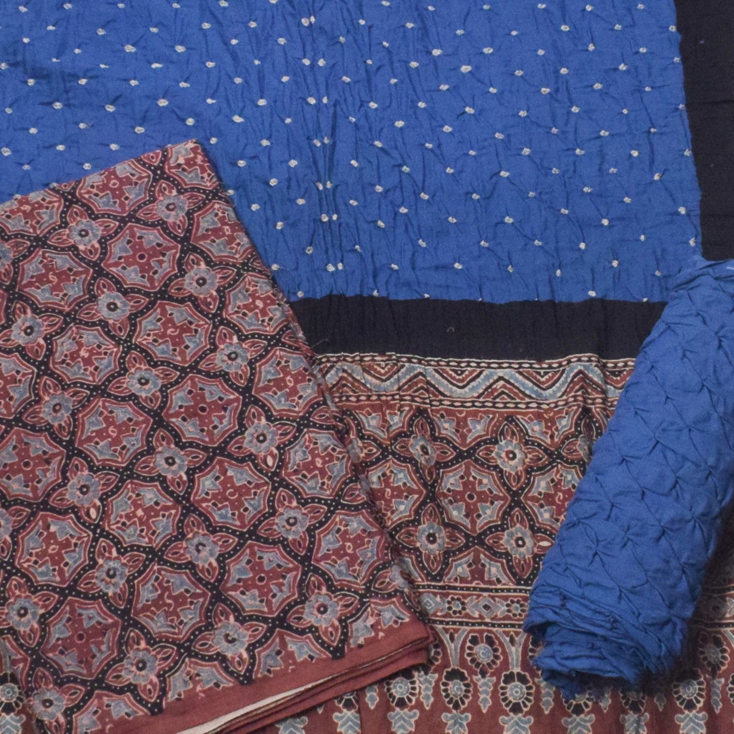 Ajrakh Satin Cotton Part Natural Dye Hand Block Print Dress Material with Bandhej Bottom and Dupatta - 2.5 Mt Top    -  SKU : MS24A01C