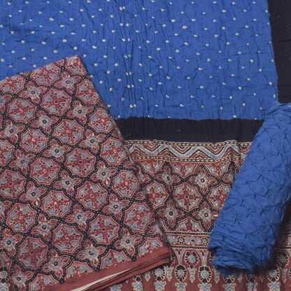 Ajrakh Satin Cotton Part Natural Dye Hand Block Print Dress Material with Bandhej Bottom and Dupatta - 2.5 Mt Top    -  SKU : MS24A01C