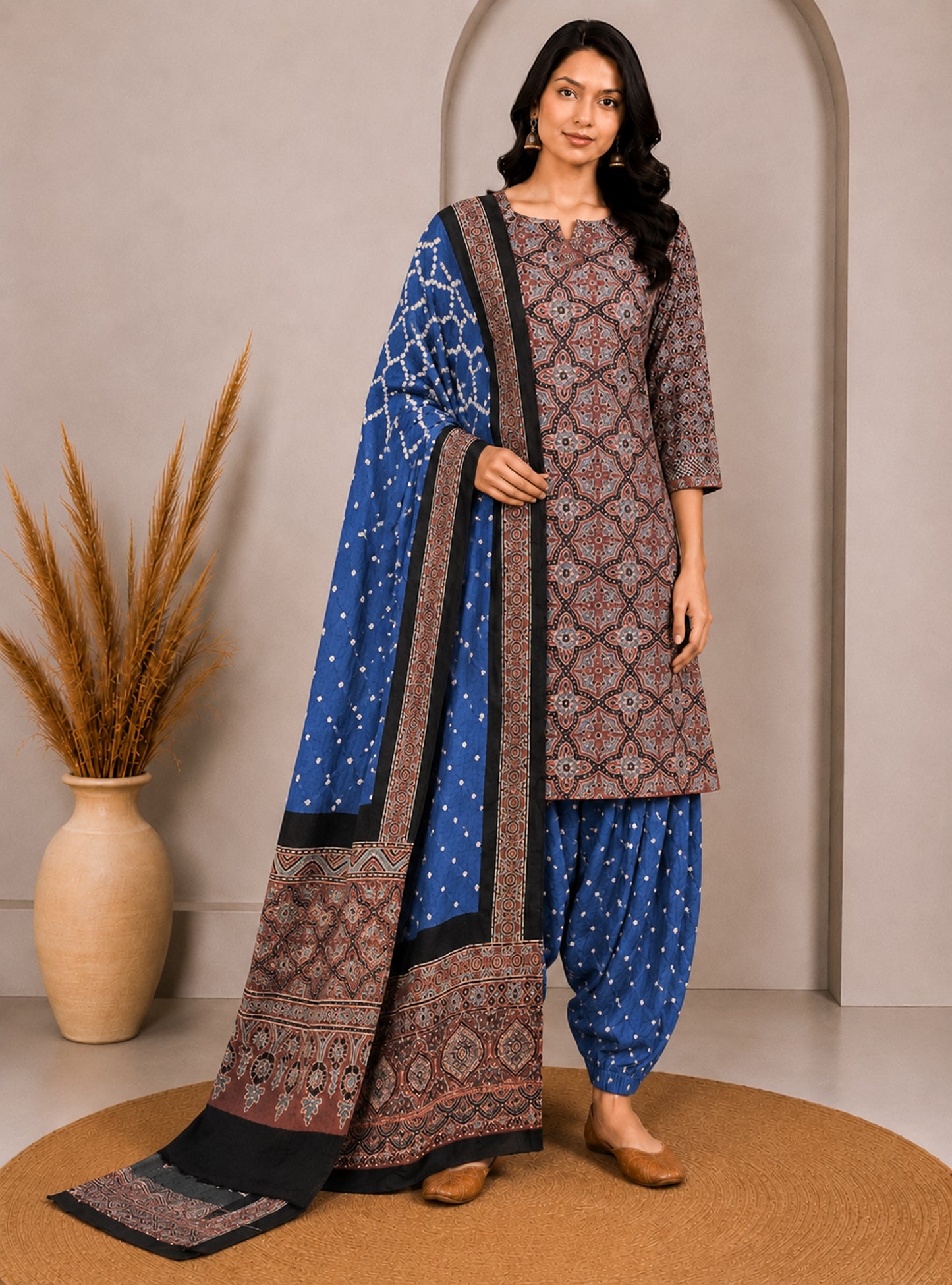 Ajrakh Satin Cotton Part Natural Dye Hand Block Print Dress Material with Bandhej Bottom and Dupatta - 2.5 Mt Top    -  SKU : MS24A01C